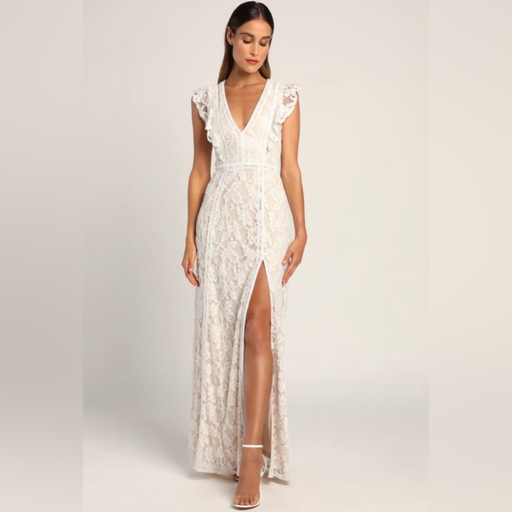 Lulu's XS This Moment in Time White Lace Maxi Wedding Dress